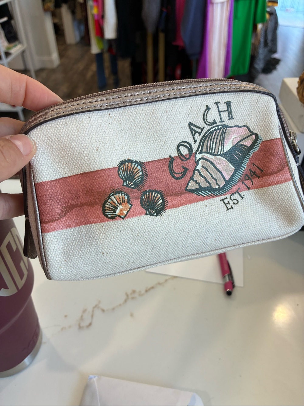 Coach White Canvas Cosmetic Pouch with Coral Stripe and Shell Motif